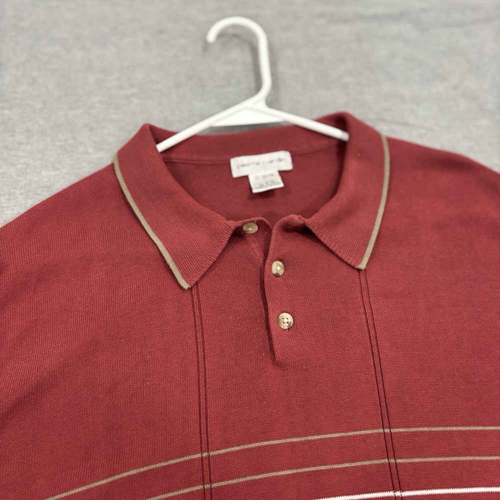 Pierre Cardin Mens Knit Polo Shirt Large Burgundy Striped Short Sleeve Cotton L
